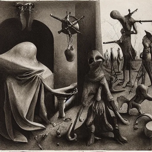 Image similar to plague doctors in the mist with weird rube goldberg machines, minimalist, joel peter witkin, heironymus bosch, gustave dore, beksinski, giger