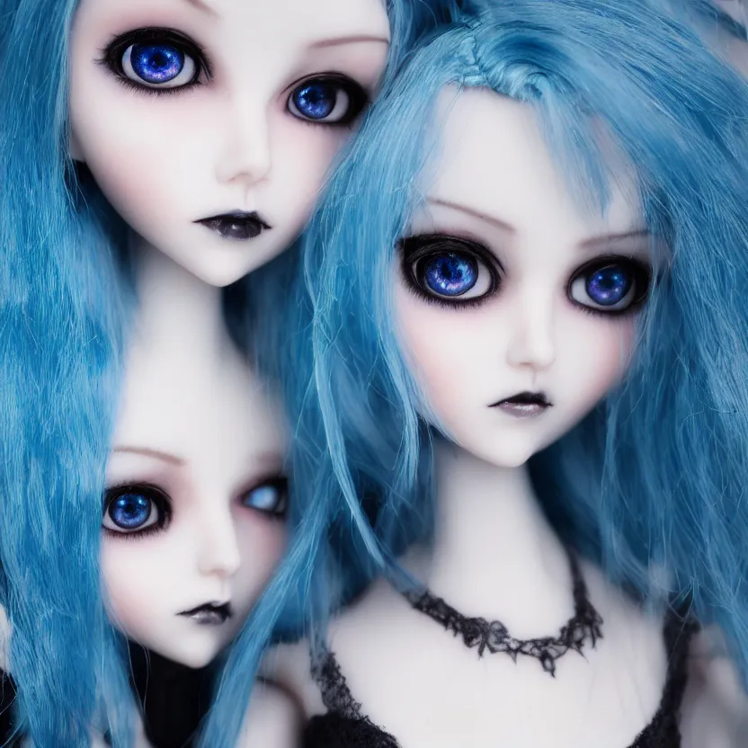 Prompt: dollfie face portrait gothic, blue hair, blue and bright eyes, zoom in, highly detailed