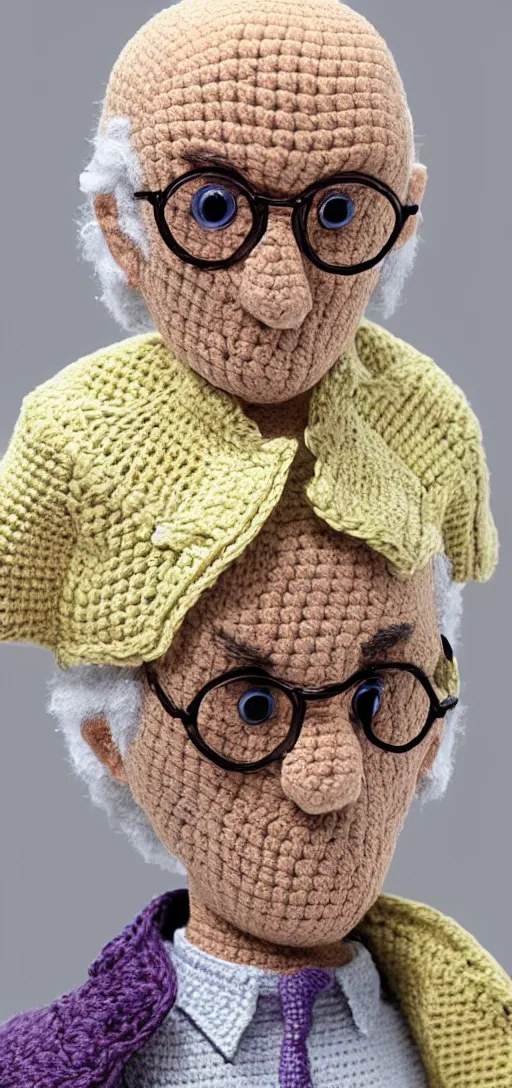 Image similar to A photorealistic Larry David crochet doll