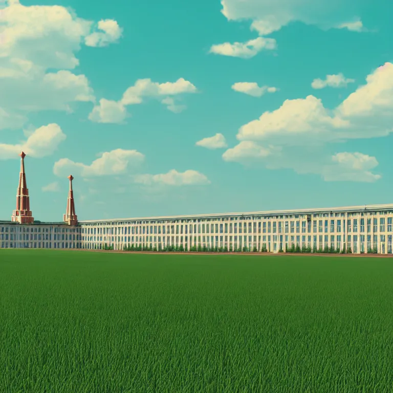 Image similar to One-point perspective in the center, soviet town, infinitely long soviet panel buildings. A perfect green lawn in the center of the frame. High detail, details, ultra realistic render, octane, 3D, photorealism, symmetric, cloudless-crear-sky, cinematic