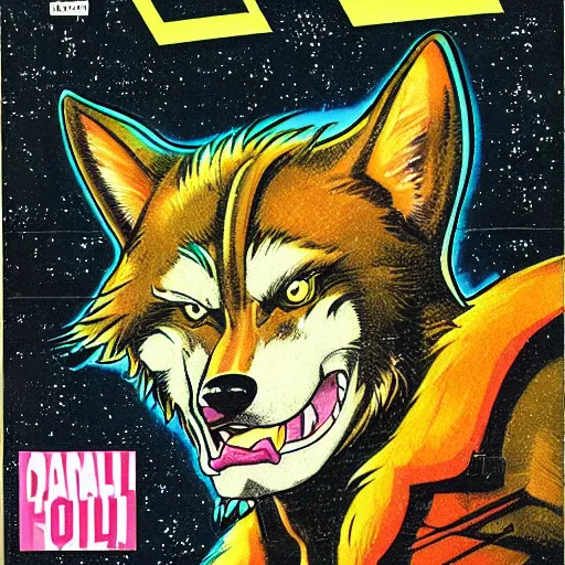 Image similar to 1 9 8 0 s comic book cover scan featuring a portrait of villain male wolf o'donnell anthropomorphic wolf furry fursona from starfox wearing a dark space mercenary uniform, dark grey wolf, handsome eyes, wolf o'donnell