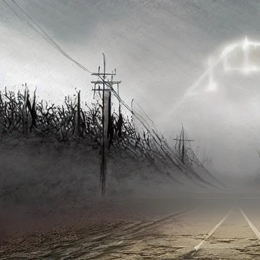 Prompt: hyper realism, realistic apocalyptic war scene, dense fog
