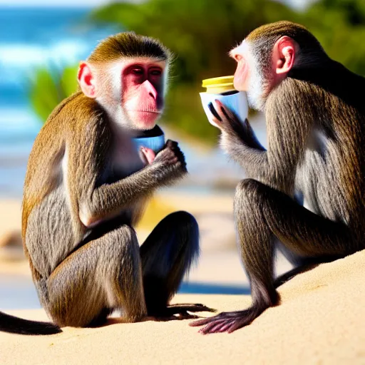 Prompt: two monkeys on the beach drinking coffee, pixar style