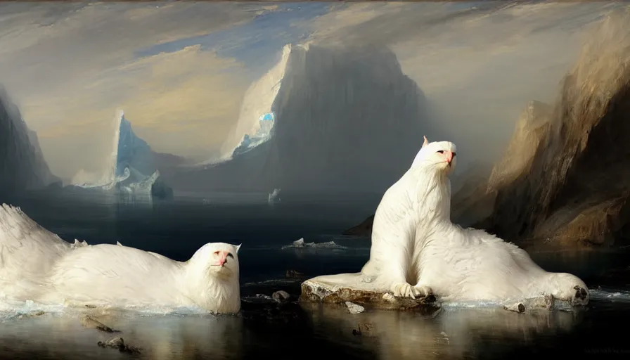 Prompt: highly detailed painting of white giant eagle cat seals on a blue and white iceberg by william turner, by greg rutkowski, by william constable, thick brush strokes and visible paint layers, 4 k resolution