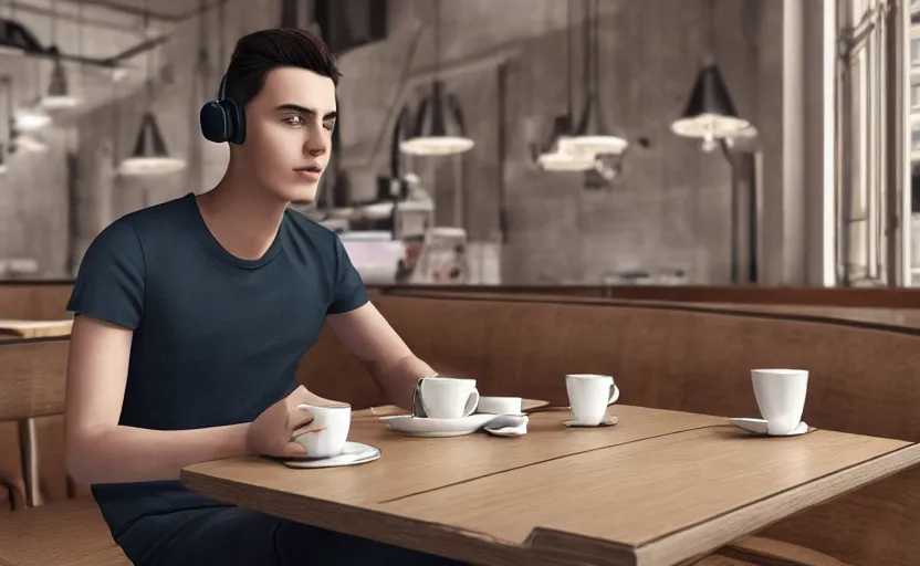 Image similar to a male teenager with headphones in a cafe sitting in front of a table with a coffee, digital painting, masterpiece, digital art, concept art, octane render, unreal engine 5, trending on deviantart, highly detailed, high quality, 4 k, cartoon, high coherence, realistic, anatomically correct, five fingers, relaxing, realistic and detailed face, beautiful, elegant