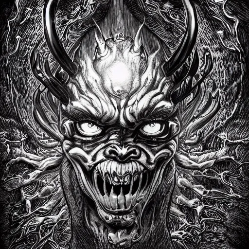 Prompt: wide-angle camera shot of a menacing demonic figure wrapped in spiraling hellfire and brimstone, metal album cover, demon staring into the camera, detailed digital art trending on artstation.