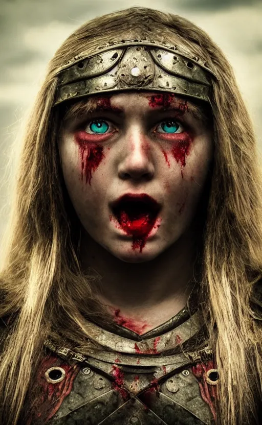 Prompt: symmetrical photorealistic photograph of beautiful female teen viking warrior with large angry eyes, bloody, cinematic,