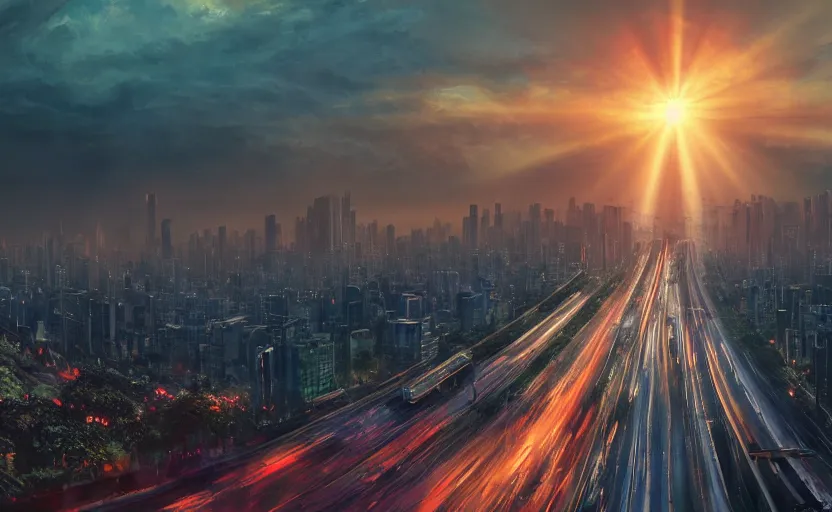 Image similar to beautiful landscape painting of peak hour traffic, edsa, manila, sunrise, god's rays highly detailed, vivid color, cinematic lighting, perfect composition, 8 k, gustave dore, derek zabrocki, greg rutkowski, belsinski, octane render