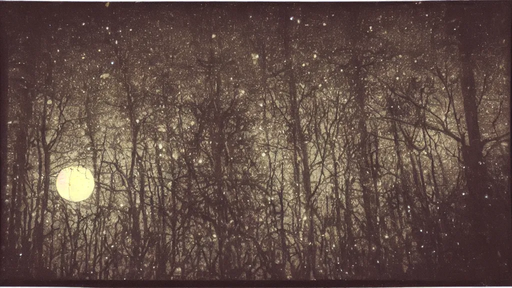 Prompt: (psychedelic) polaroid of a mystical night sky with a huge moon, A glimpse through a small gap in the foliage and overgrowth and the trees of the huge gibbous moon in a dark sky, wreathed in red smoke, starlight, night-time, dark enclosed, cozy, quiet forest night scene, spangled