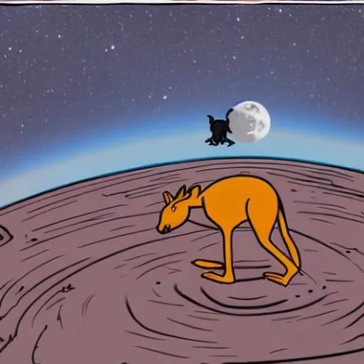 Image similar to A kangaroo is beating up on a moon base with a huge earth in the background