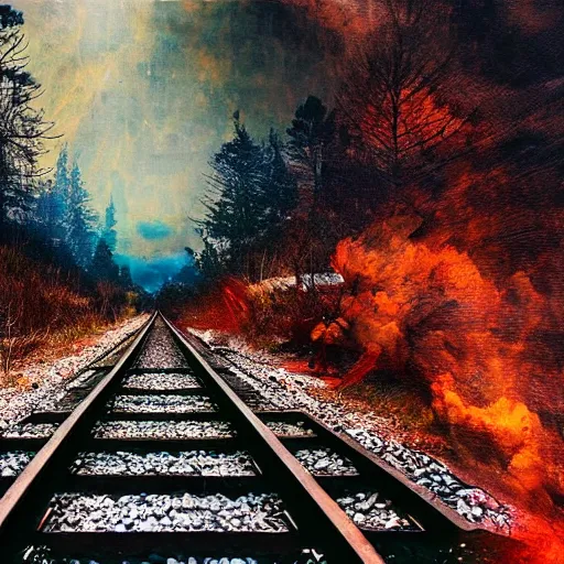 Prompt: subway arriving train decay, building stone big bear shape, expressive painting, colorful, detached dreams, Ultra-Wide Angle, Long double Exposure, black night sky wolves with burned trees, photography, highly detailed, super realistic, cinematic colors
