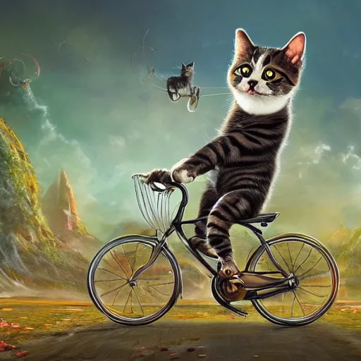 Image similar to fantasy book cover artwork of a cat riding a bicycle, ultradetailed, wallpaper, 4k, prismatic