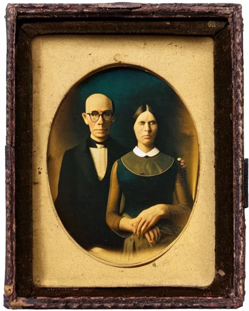 Prompt: daguerreotype of a painting by grant wood of an astronaut couple, american gothic style, classical portrait, 1 8 9 4