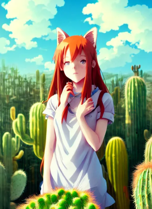 Image similar to portrait of cute redhead girl with fox ears, holding a cactus, cloudy sky background lush landscape illustration concept art anime key visual trending pixiv fanbox by wlop and greg rutkowski and makoto shinkai and studio ghibli