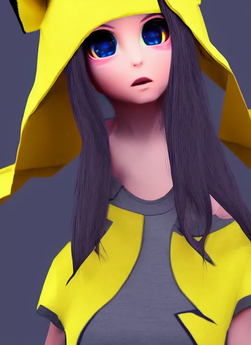 Image similar to vrchat, secondlife, imvu, 3 d model of a girl in a pikachu hoodie, hq render, detailed textures, artstationhd, booth. pm, highly detailed attributes and atmosphere, dim volumetric cinematic lighting, hd, unity unreal engine