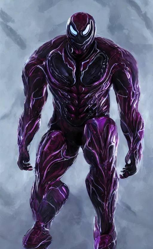 Image similar to venom in a venom inspired ironman suit, purple, black and red, dynamic lighting, photorealistic fantasy concept art, trending on art station, stunning visuals, terrifying, creative, cinematic