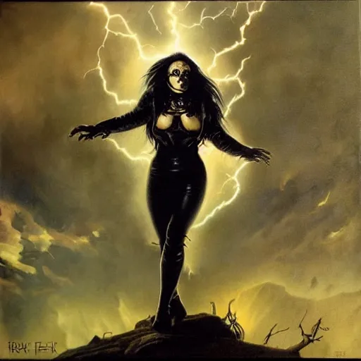 Image similar to ultra realistic portrait painting of a heavy metal album cover with a goth girl and lightning, art by frank frazetta, vintage levi ’ s ad, stormy weather, dark vibes, 4 k, ultra realistic, highly detailed, epic lighting