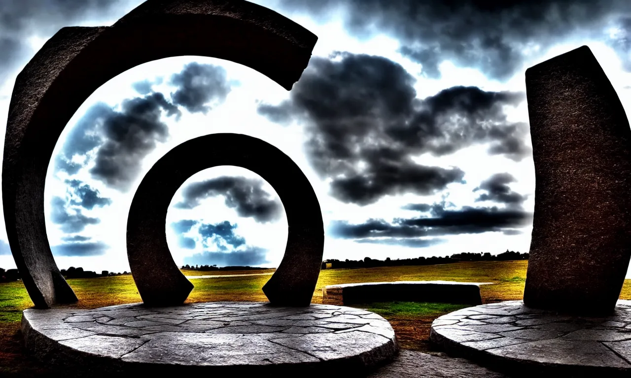 Image similar to round stargate made of stone, cinematic view, epic sky