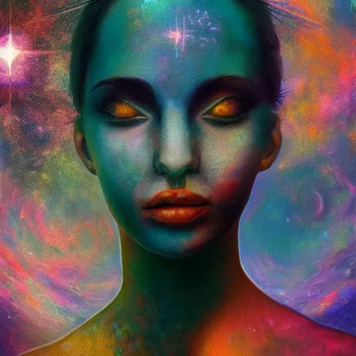 Prompt: beautiful detailed artistic portrait of a person travelling between different astral planes. grainy and rough. fine detail. soft colour scheme. artistic painting by lurid ( 2 0 2 2 ). featured on deviantart.