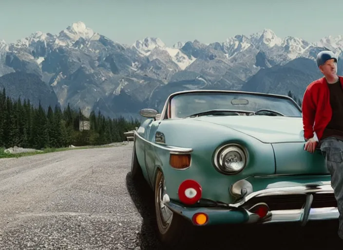 Image similar to a very high resolution image from a new movie, eminem driving a car. mountains, directed by wes anderson