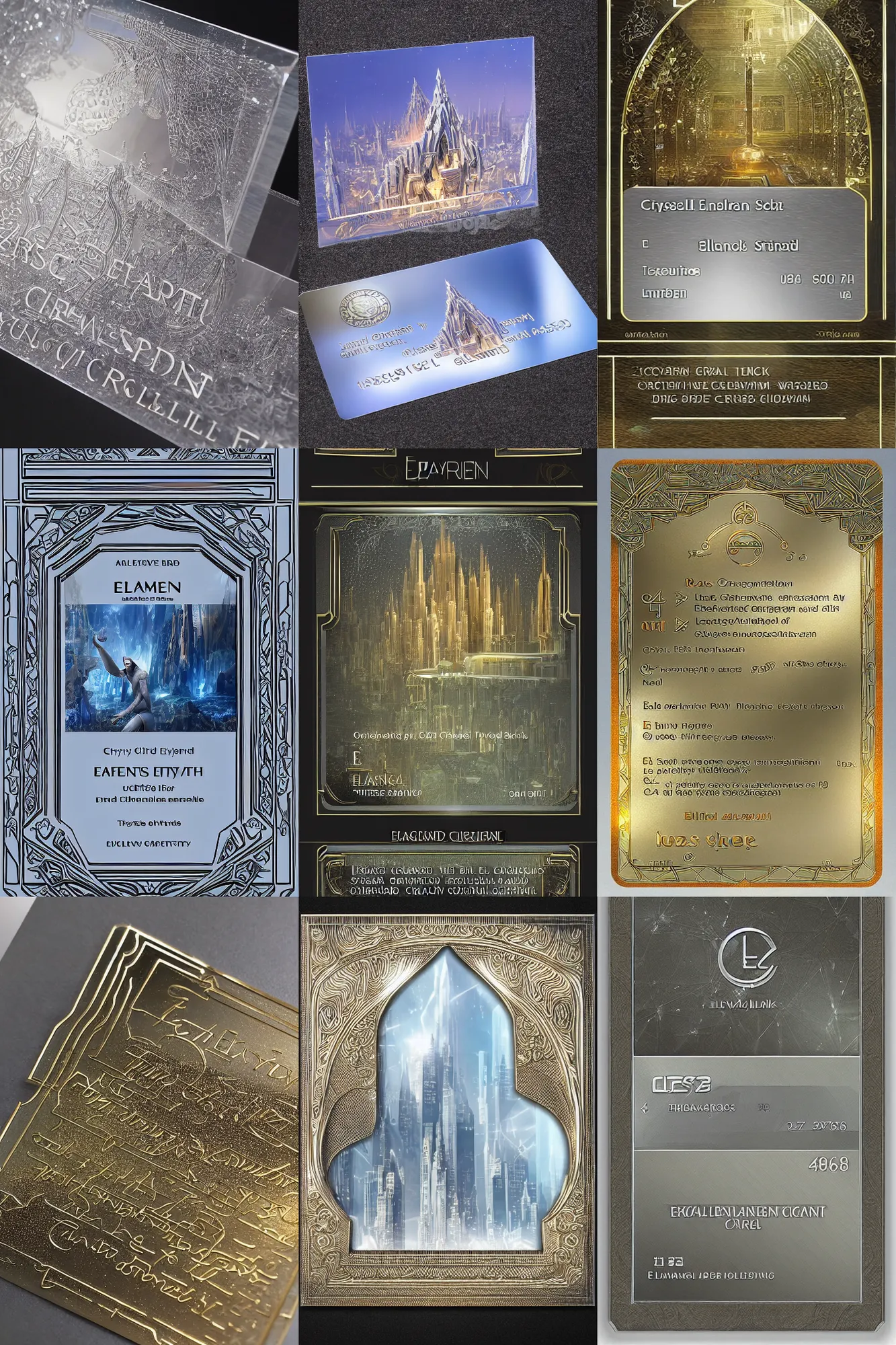 Prompt: full size elegant rectangular crystal card embedded with elven city inside, photo, ultra detail, transparent, polished, shiny, reflective, elvish writing carved, ray - tracing