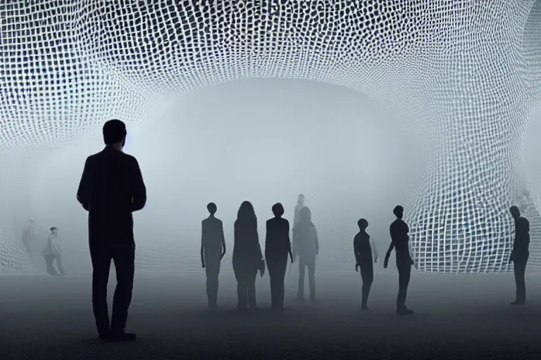 Image similar to tourists visiting a complex organic fractal 3 d ceramic humanoid megastructure, cinematic shot, foggy, photo still from movie by denis villeneuve