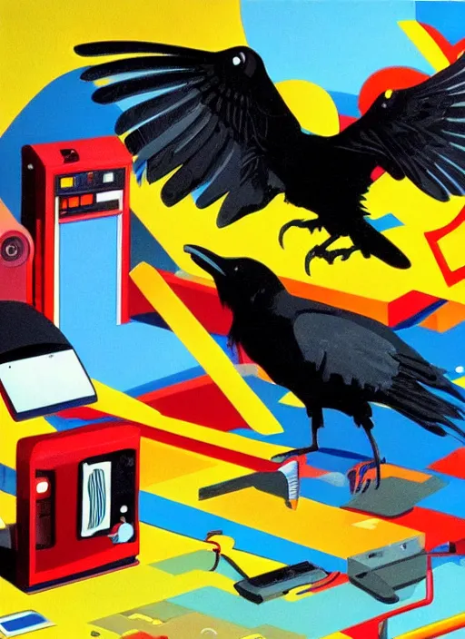 Image similar to a raven digging through 8 0 s era technology, vintage shapes, retro technology, happy color, wayne barlow, oil on canvas, deep depth of field, masterpiece, cinematic composition, hyperdetailed