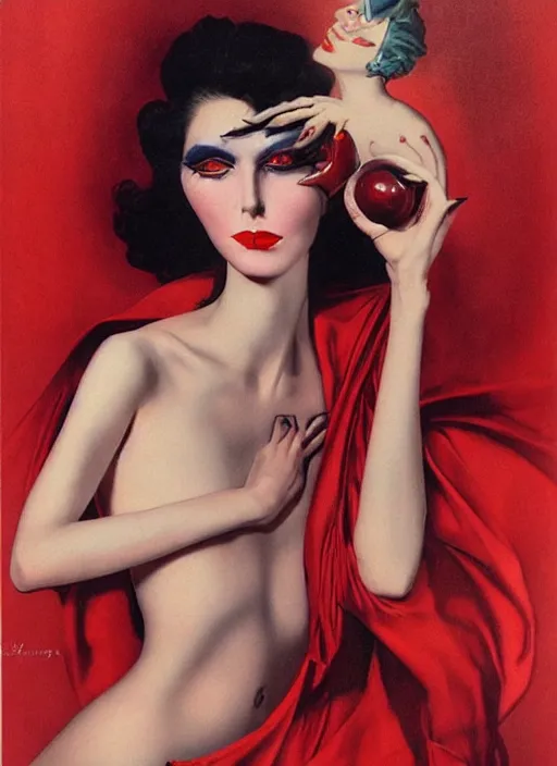 Image similar to an 8 0 s portrait of a woman with dark eye - shadow and red lips with dark slicked back hair dreaming acid - fueled hallucinations by serge lutens, rolf armstrong, delphin enjolras, peter elson, red cloth background