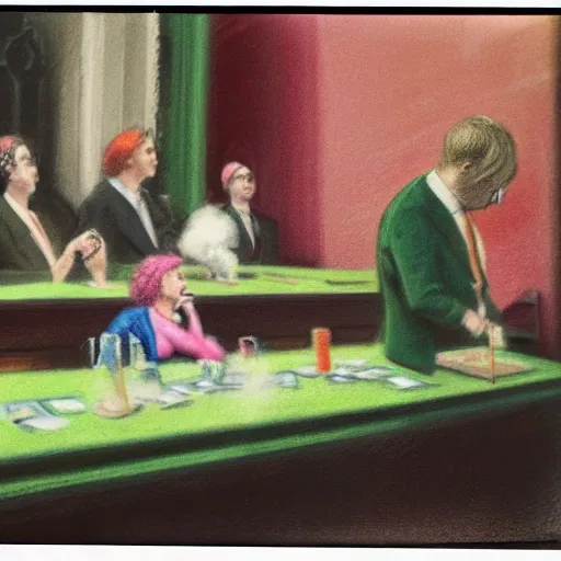 Image similar to a polaroid of a highly detailed beautiful portrait close up hyper realistic photograph of british members of parliament in the house of commons wearing pastel coloured clown costumes, they are smoking cannabis. without visible brushstrokes but in the style of edward hopper, richard hamilton. concept art. green leather benches. photographic. concept. crisp. no artefacts. desaturated. high fidelity facial portrait. 8 k