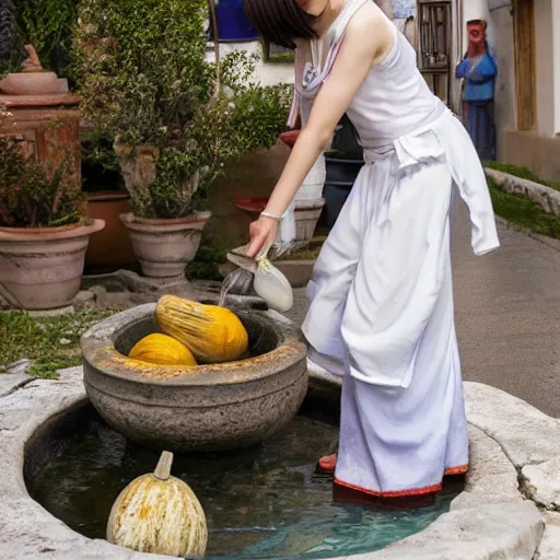 Prompt: anime girl in a greek womans clothing pouring water out of a gourd into a fountain, spanish alleyway