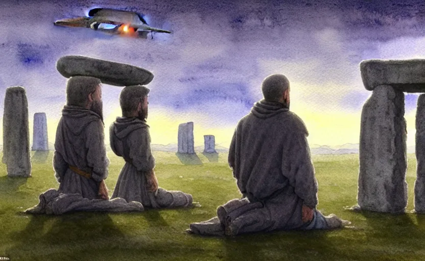 Image similar to a hyperrealist watercolour character concept art portrait of one small grey medieval monk and another giant orange medieval monk kneeling down in prayer in front of a complete stonehenge monument on a misty night. a ufo is in the sky. by rebecca guay, michael kaluta, charles vess and jean moebius giraud