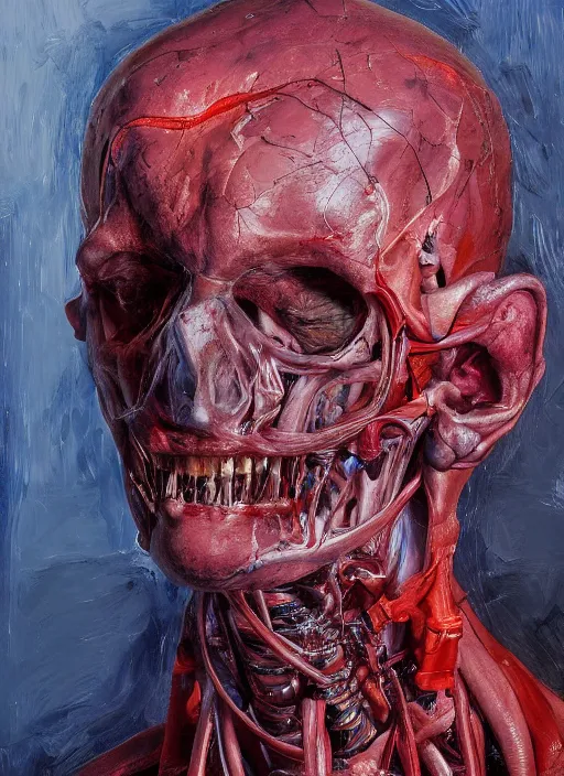 Image similar to highly detailed and textured painting of a deformed anatomical portrait, emotionally expressive, highly detailed oil painting, soft light 4 k, red, blue and purple colour palette, cinematic composition, cinematic lighting, sharp focus, masterpiece by adrian ghenie and jenny saville