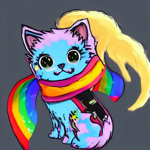 Image similar to wide angle full body, jacket wearing fluffy cute rainbow kitten wearing a black leather motorcycle jacket, concept art