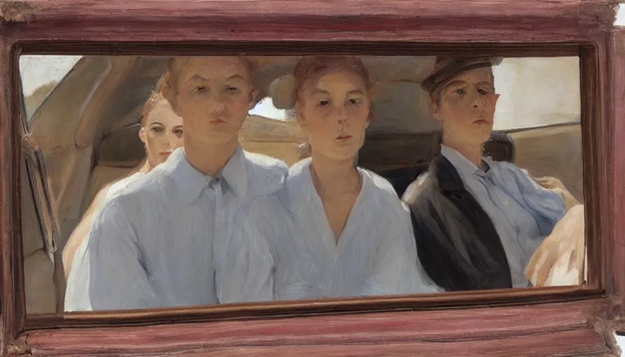 Image similar to painting by borremans, man back standing in front on the mirror and blond woman in cabriolet car sitting, detailed, stunning