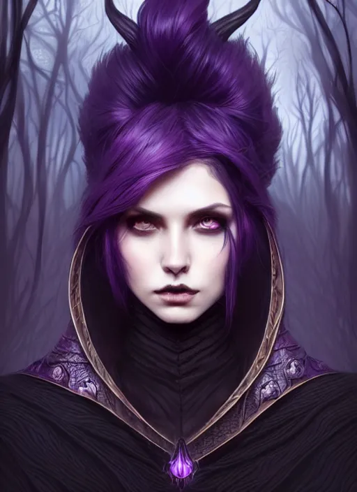 Image similar to frontal portrait dark witch, adventurer outfit large cloak, fantasy forest landscape, dragon scales, fantasy magic, undercut hairstyle, witch purple black fade hair, dark light night, intricate, elegant, sharp focus, illustration, highly detailed, digital painting, concept art, matte, art by wlop and artgerm and greg rutkowski and alphonse mucha, masterpiece