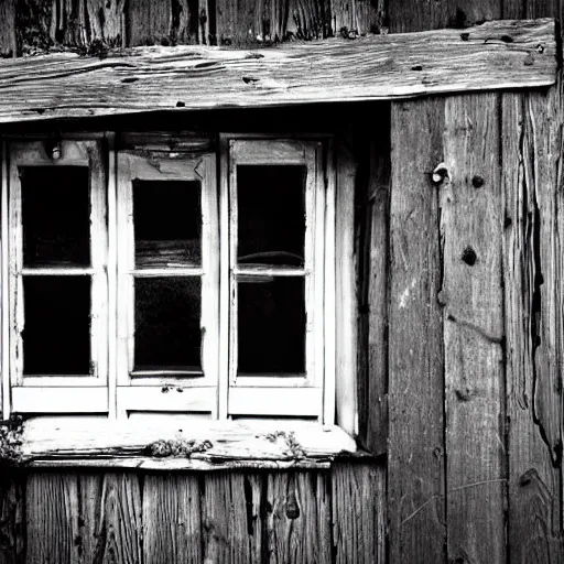 Image similar to creepy old lady looking through a window, cabin in the woods