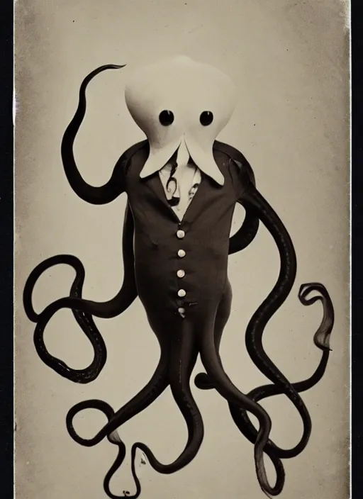 Image similar to anthropomorphic octopus , wearing a suit, tentacles spilling out of the collar, vintage photograph, sepia