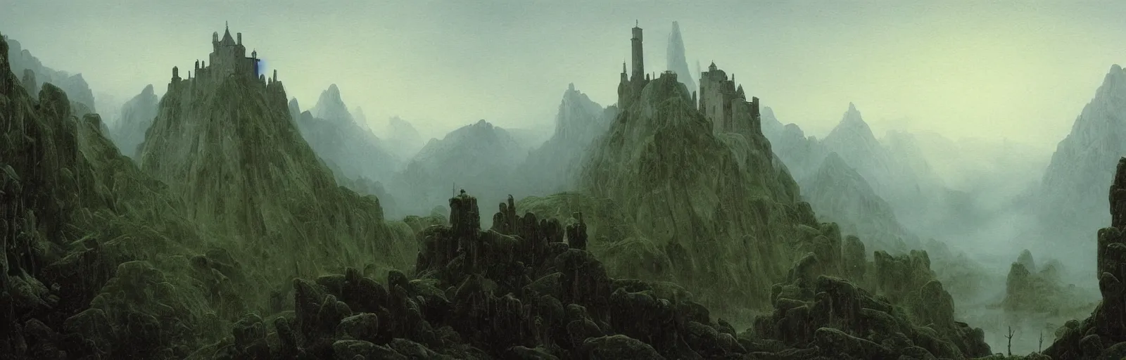 Image similar to Castle in the misty mountains,painting by Caspar David Friedrich,masterpiece