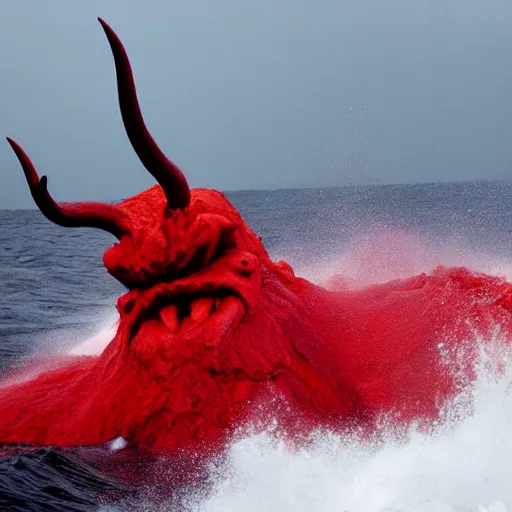 Image similar to a devilish red monster with horns emerging from boiling rough seas, photo by david lachapelle, s - 5 0