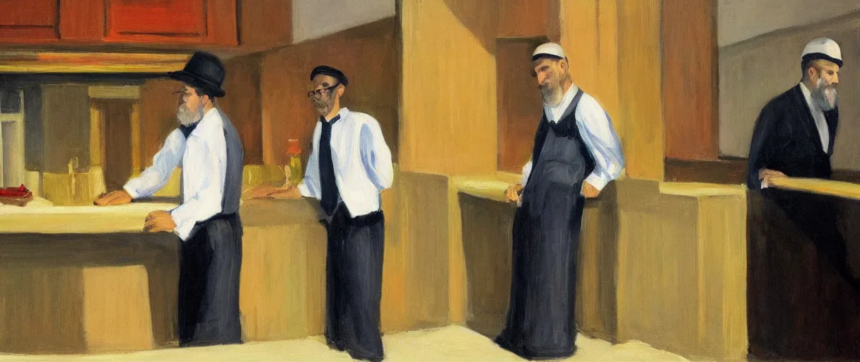 Image similar to a rabbi priest and minister walk into a bar, in the style of an awesome edward hopper painting