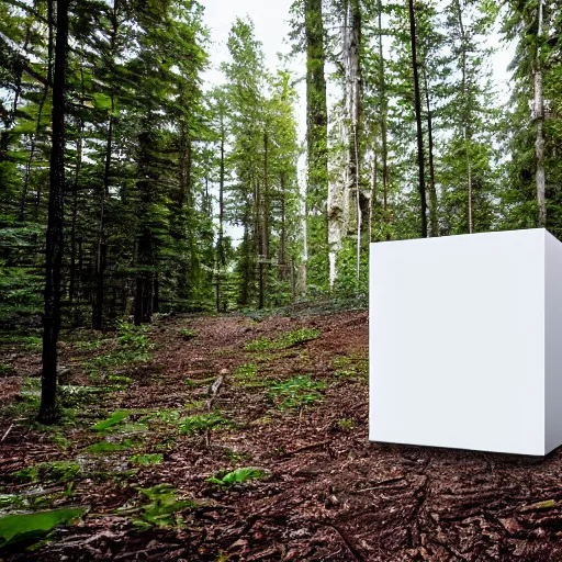 Image similar to photograph of a white concrete cube sitting in the middle of a forest clearing