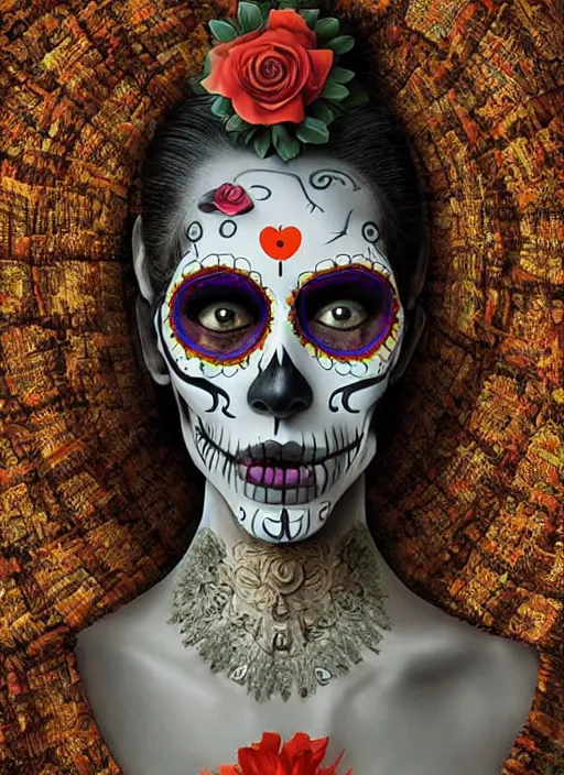 Image similar to dia de los muertos theme surrealist art in the styles of igor morski, jim warren, and loyiso mkize, intricate, hyperrealistic, accurate facial details, profile picture with chromakey!!!!! background, volumetric lighting