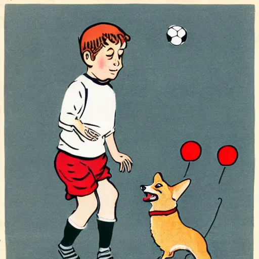 Image similar to book illustration of a french boy on the streets of paris playing football against a corgi, the dog is wearing a polka dot scarf, 1 9 6 6