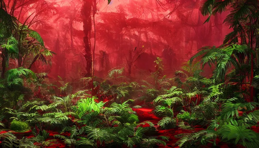 Image similar to red liquid jungle, large plants and leaves covered in red, lush but everything is dark red, beautiful crimson colored render, cinematic lighting, trending on artstation, elaborate, detailed, digital painting, elaborate matte painting