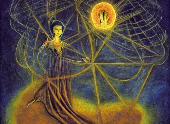 Image similar to a shaman mystic woman spirit holding up the cosmic!! universe, by remedios varo, reflection, symbolist, magic colors, dramatic lighting, smooth, sharp focus, extremely detailed, aesthetically pleasing composition