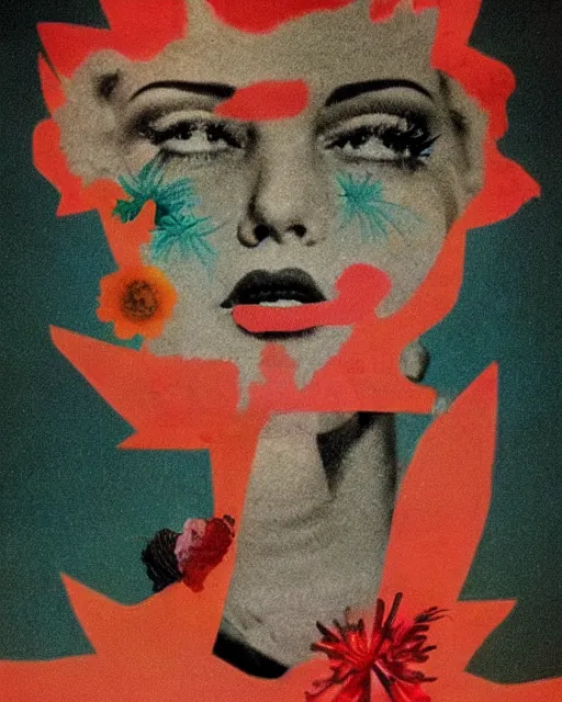 Image similar to nuclear explosion, different women's faces, cut and paste collage, mutated flowers, soft glow, 1 9 5 0 s, scary, gritty texture, radioactive, stressed emotions