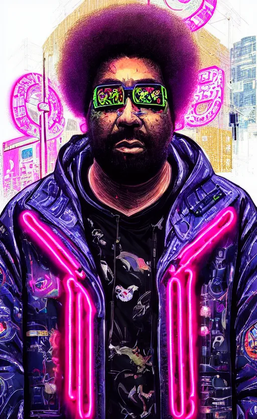 Image similar to detailed portrait Questlove Neon Operator, cyberpunk futuristic neon, reflective puffy coat, decorated with traditional Japanese ornaments by Ismail inceoglu dragan bibin hans thoma !dream detailed portrait Neon Operator Girl, cyberpunk futuristic neon, reflective puffy coat, decorated with traditional Japanese ornaments by Ismail inceoglu dragan bibin hans thoma greg rutkowski Alexandros Pyromallis Nekro Rene Maritte Illustrated, Perfect face, fine details, realistic shaded, fine-face, pretty face
