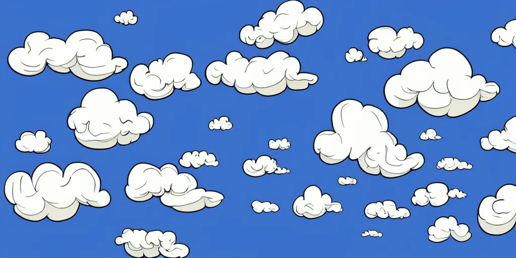 Prompt: flat cel shaded cartoon, curled blue sky fluffy curled clouds, smoke shaped clouds, from lorax