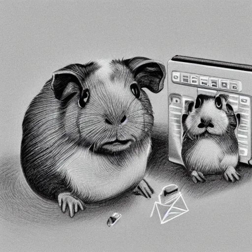 Prompt: guinea pigs working on tiny computers, pencil drawing, detailed, hyper-detailed, in the style of Wanda Gág