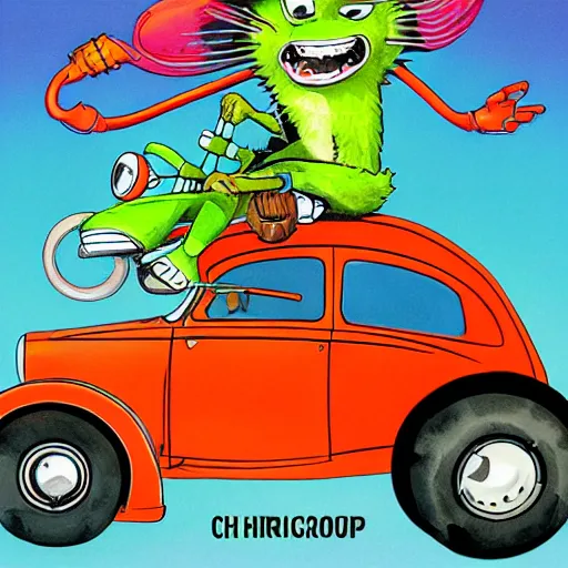 Image similar to racoon riding in a tiny hot rod coupe with oversized engine, ratfink style by ed roth, centered award winning watercolor pen illustration, bright and vivid, by chihiro iwasaki, edited by range murata